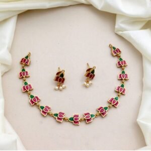 Pink Lotus Enamel Necklace Set